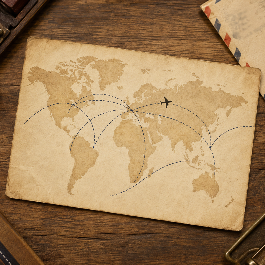 Carte postale de carte du monde aux lignes de vol pointillées et avion