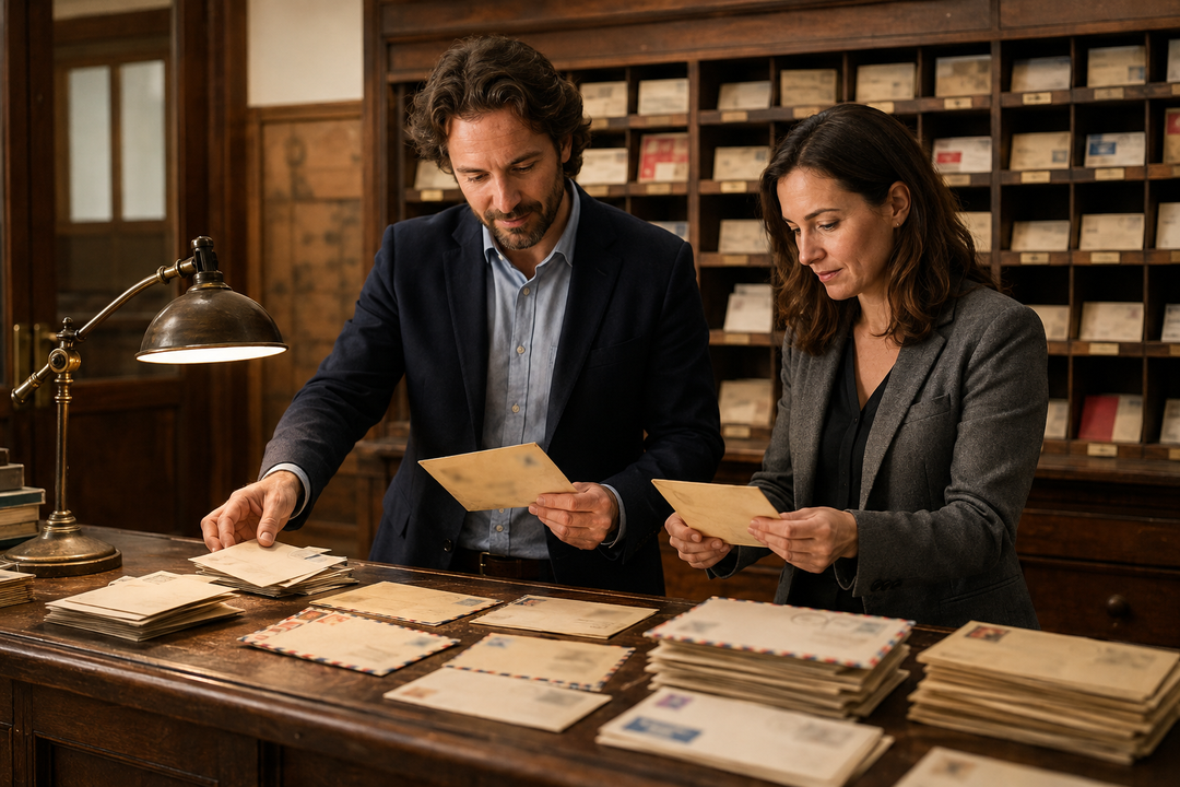 Deux consultants triant du courrier dans des casiers en bois au guichet