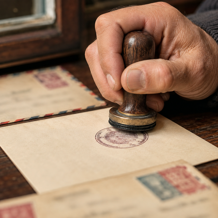 Main tamponnant un cachet rond sur une lettre, marque abstraite